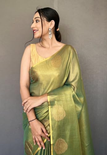 Image of SWORNOF Gold-Toned Woven Design Silk Zari Tissue Saree | Saree for Women | Soft and Skin Friendly