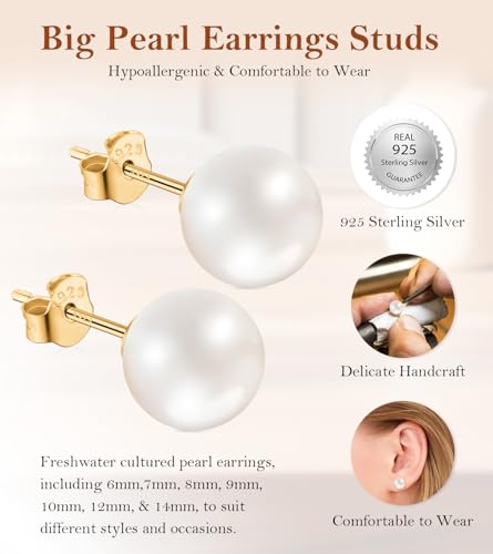 14mm Pearl Earrings for Women, Handpicked Big Shell Pearl Stud Earrings Hypoallergenic 18K Yellow Gold Vermeil Sterling Silver Earrings Studs2