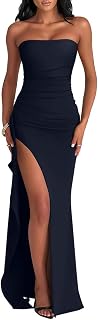 Women's Elegant Tube High Split Maxi Dress Strapless Bodycon Ruched Long Formal Evening Dress