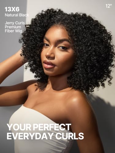 Image of Jerry Curly Wigs 13X6 HD Lace Frontal Glueless Wig 12 Inches | Short Curly Wigs for Black Women 200% Density Headband Wig Natural Black Ready to Go