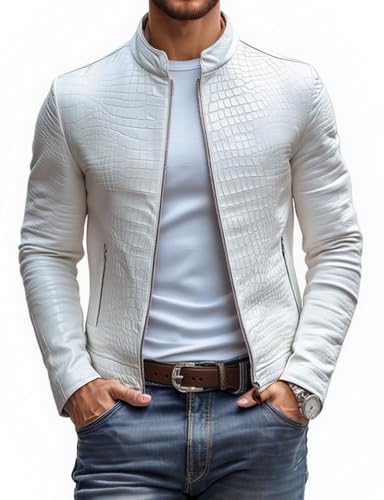 Men's Stone Pattern Leather Jacket,Slim Fit Fashion Moto Coat with Stand Collar and Zipper Closure,Stylish,Casual,Semi-Formal (US, Alpha, Small, Regular, Regular, white)