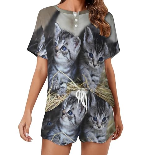 Pyjama femme manches courtes vêtement de nuit été sleepwear Chaton Mignon