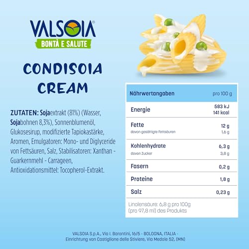 Valsoia, Condisoia Cream, Ideale Kochsahne für Laktoseintolerante, Veganer und Vegetarier, Vielseitig in der Küche einsetzbar, 6 x 200 g