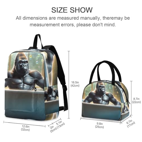 Backpack Lunch Box Set Large Capacity Travel Backpacks and Insulated Lunch Bag for Commute Hiking Picnic Gorilla Bathing Print2