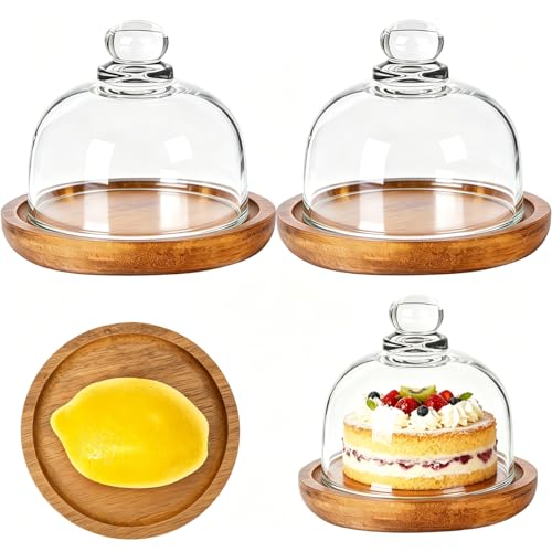 2 Pack Ultra Mini Wooden Base Cake Display Stand with Glass Dome,Cloche Clear Glass Bell Jar Cover for Dessert Cheese Candy Plants Succulents （for Sizes up to 3 '）