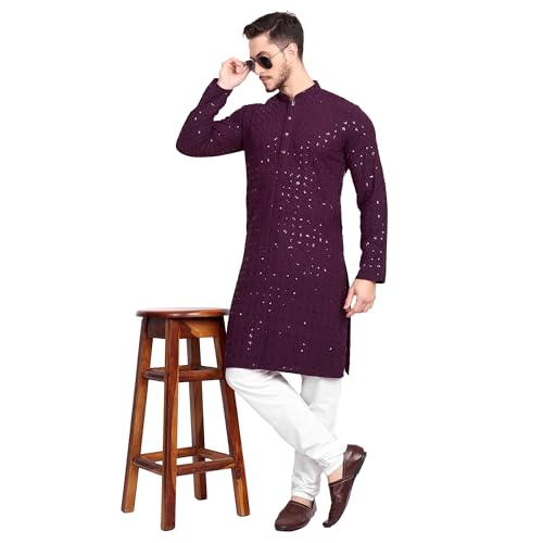 Image of Rayon Ethnic Wear Full Chikankari Sequin Embroidery Mirror Work Traditional Straight Kurta Pyjama Set for Men