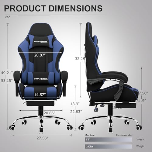 Image of GTPLAYER Gaming Chair, Computer Chair with Footrest and Lumbar Support, Height Adjustable Game Chair with 360-Swivel Seat and Headrest and for Office or Gaming (Blue, Fabric)