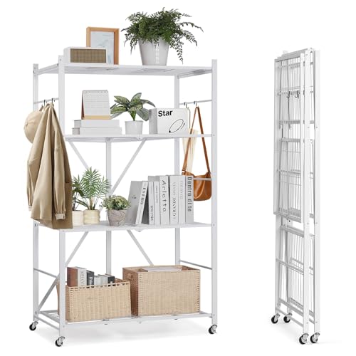 Image of VEVOR 4-Tier Foldable Storage Shelf, 36W x 21D x 60 H Inch Folding Metal Rack Shelving Unit, No Assembly Organizer Shelf with 5 Wheels & 4 Hooks for Pantry, Kitchen, Garage, Basement, White