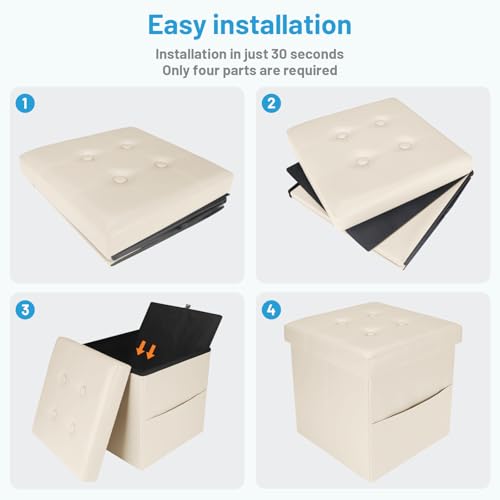 Image of Bsketa Storage Ottoman Bench,15 Inch Folding Leather Foot Rest Stool, Beige | Small Ottoman with Side Pockets, Thicker Foam Padded Seat, Livingroom, Dorm, Bedroom, Easy to install, 30L,15x15x15in