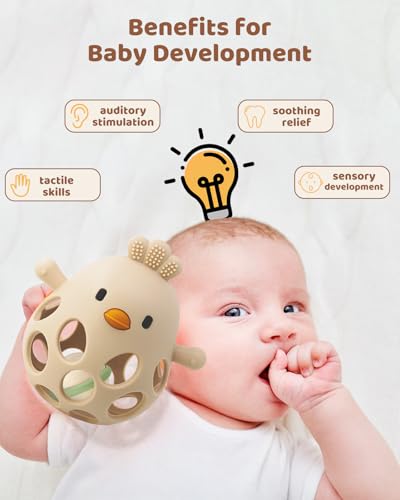 Image of Baby Teething Chick Toy, Upgraded Easy Grasp Silicone Teething Rattle Ball Toy for Babies Over 3 Months, 100% Food Grade, Gift for Infant Boys and Girls 0-6-12 Months (Beige)