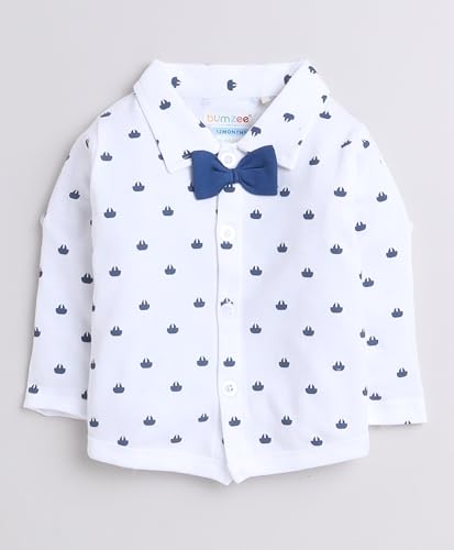 Image of BUMZEE Boys Regular Fit Full Sleeves Collar Neck Cotton Shirt Waistcoat Short Set with Applique Bow