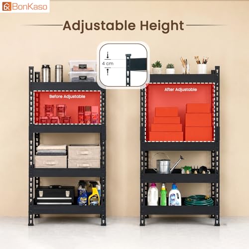 Image of Bonkaso 4 Tier Adjustable Boltless Metal Storage Rack for Home, Garage, Office & Shop | Heavy Duty Rust-Resistant Shelving Unit with MDF Wooden Shelves | Utility Display Stand, Black, (60x36x109 cm)