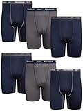 Reebok Mens Boxer Briefs - 6 Pack 9'' Inseam Performance Compression Underwear for Men - Soft Mens Long Leg Boxer Briefs, Size 3X-Large, Navy Blue/Charcoal/China Blue