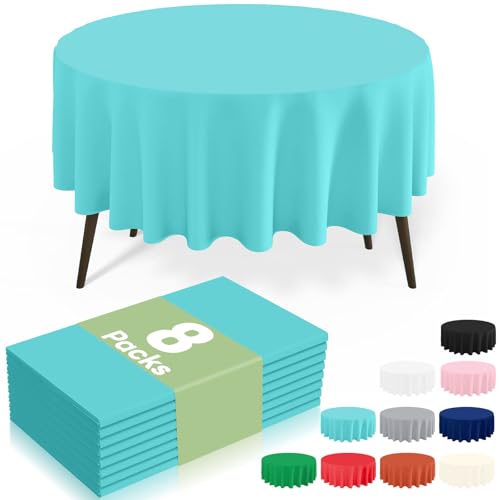 Image of misaya 8 Packs Disposable Plastic Table Cloth, 84 inch Round Waterproof Tablecloth, Leakproof & Sturdy Decorative Table Covers for Picnic, Party, Outdoor and Back to School, Teal