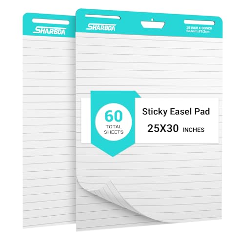 SHARBDA Lined Sticky Easel Pad 25 in x 30 in Flip Chart Paper Sticky Chart Paper for Teachers Large Self-Stick Easel Paper Super Sticky & Bleed-Resistant 30 Sheets/Pad 2 Pads