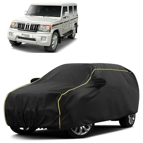 Image of Sulfar 100% Water Resistant Car Body Cover Compatible with Mirror for Mahindra Bolero (Triple Stitched, Full Bottom Elastic, Black Taffeta with Yellow Piping)
