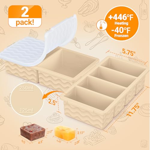 Image of Silicone Freezer Molds for Soup with Lid, 1-Cup & 2-Cup Large Ice Cube Trays Food Storage Containers for Meal Prep, Freeze 500mL /250mL /125mL Portions - 2 Pack