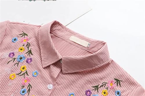 Women Lapel Floral Embroidery Shirts Loose Long Sleeve Button Down Cotton Blouses Tops3