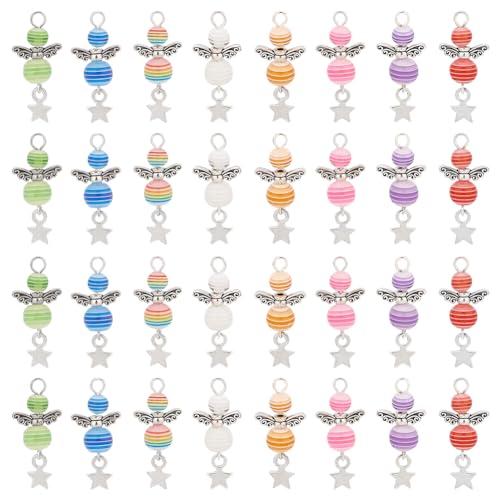 PH PandaHall 32pcs Angel Wing Charm Colorful Angel Wings Pendant Alloy Resin Beads Pendants with Star Angel Wing Beads for Necklace Bracelet Earring Keychain DIY Craft Jewellery Making