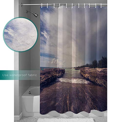 Shower Curtain Set with Bath Rug, Island Forest Lanscape Bathroom Accessories Decor Polyester Fabric Shower Curtains with Hooks 60\"x72\" and Non-Slip Bath Mat 18\"x30\"