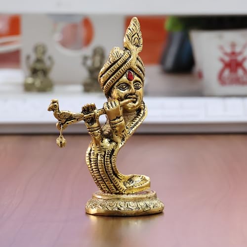 Image of KridayKraft Pagdi Krishna with Playing Flute Idol, Gold-Toned Metal Decorative Showpiece Hindu Religious Art Figurine, Statue