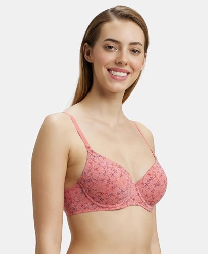 Image of Jockey UL50 Women's Under-Wired Padded Super Combed Cotton Elastane Stretch Medium Coverage Printed T-Shirt Bra with Detachable Straps (Prints May Vary)