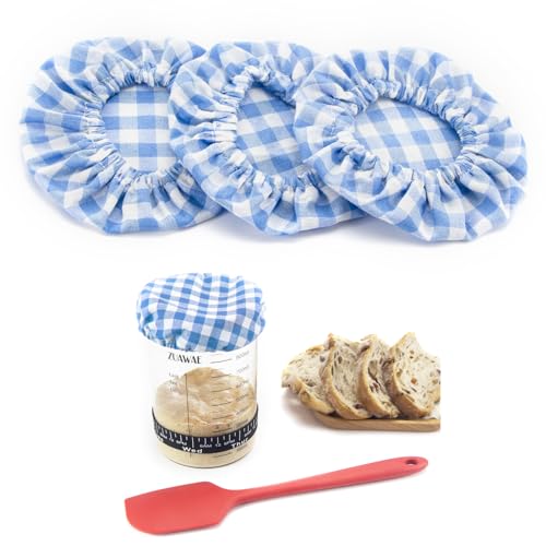 Sourdough Jar Cover Reusable Sourdough Cloth Cover 3pc Handmade Cotton Cloth Covers for Sourdough Starter Jar Sourdough Bread Baking Supplies Fit Jars Mouth from 3-4 Inch (Blue Plaid)