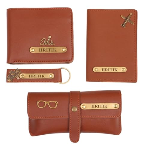 Image of Personalized Name & Charm Leather Wallet Mens Combo | Customized Birthday Farewell Retirement Combo Corporate Office Gift Set for Men Staff Employees Clients Colleagues Friend (Tan)