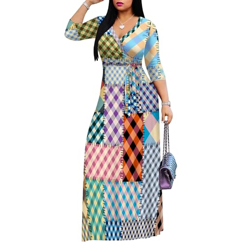 Image of PinkPatty Women's Print Maxi Dresses 3 /4 Sleeve Flowy Long Dress V Neck Wrap Tie Waist Sundress