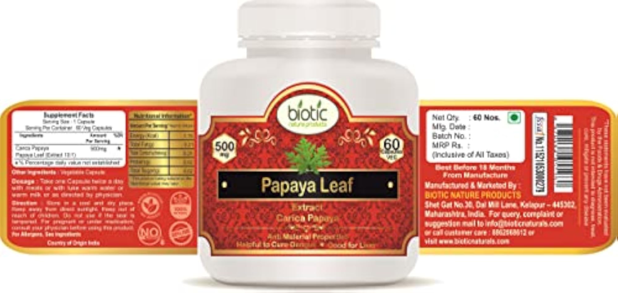 Papaya Leaf Capsules, 500mg - 60 Veg Capsules