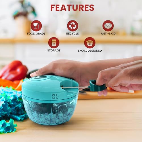 Image of Plastic Manual Pull Vegetable Cutter Chopper for Kitchen Fruit Nut Onion, Carrots,Hand Meat Grinder Mixer Food Processor Stainless Steel Blades Slicer Shredder Salad Maker Tools 350 Ml