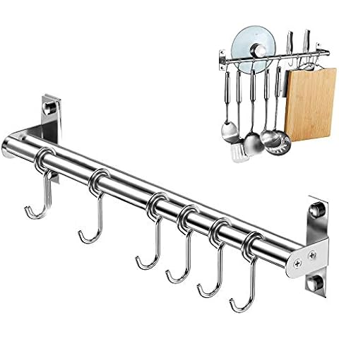 TEESIN Kitchen Utensil Rack, Wall Mounted Kitchen Utensil Rack with 6 Sliding Hooks, Stainless Steel Utensil Hanging Rack for Bathroom/Garage/Bedroom, 40cm, Silver Cover