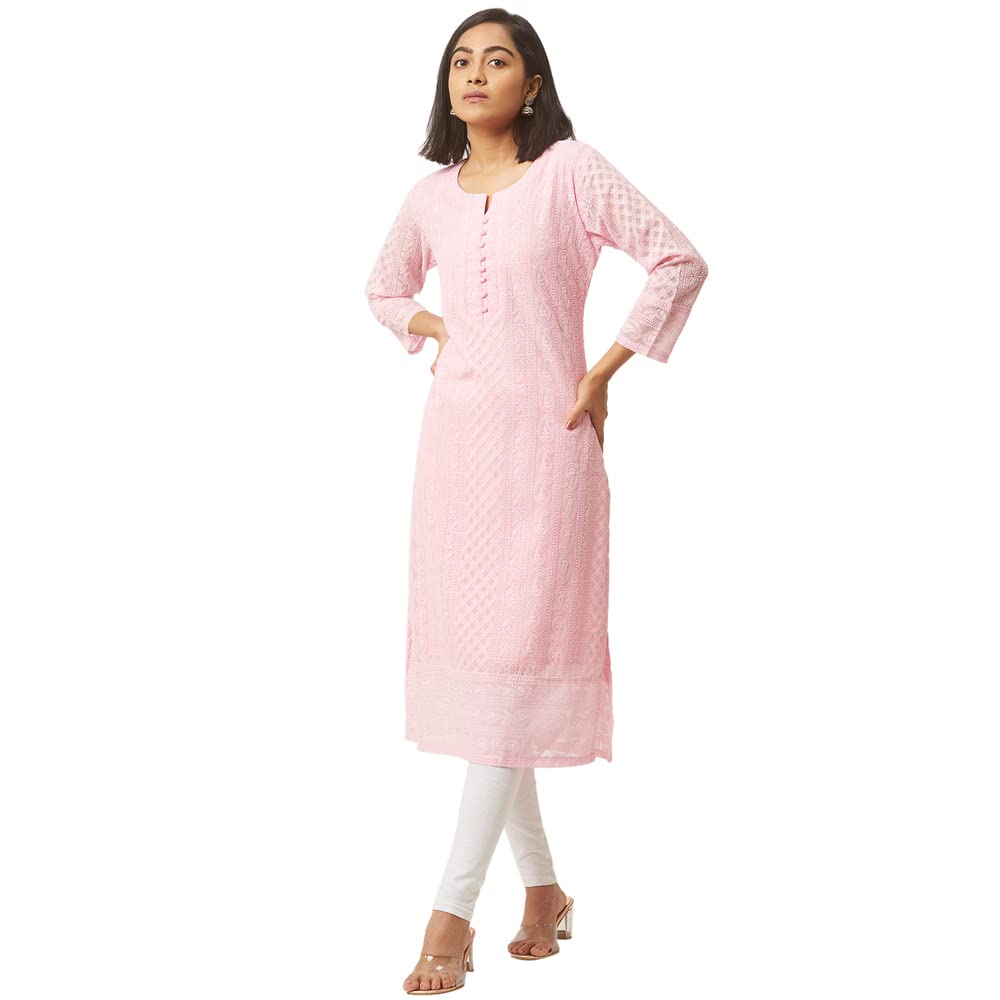ZOLABaby Pink Georgette Fabulous Lucknowi Chikankari Kurti (220754Baby Pinks)
