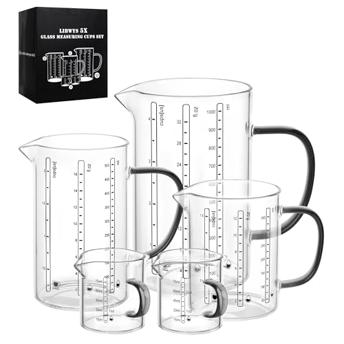 LIBWYS Glass Measuring Cup Set of 5, 1000ml (32oz), 500ml (16oz), 350ml (12oz), 2x75ml (2.5oz) with Anti-slip Silicone Pad, Heat-resistant Borosilicate Glass Liquid Measuring Cup
