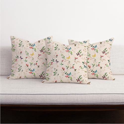 Image of Jaipur Weaves Cushion Cover 16 Inch X 16 Inch - Set of 3, Butterfly Garden 260 GSM Decorative Soft Cushion Covers for Sofa /Bed /Chair, Gift for Home Decor (Cream Garden, 3)