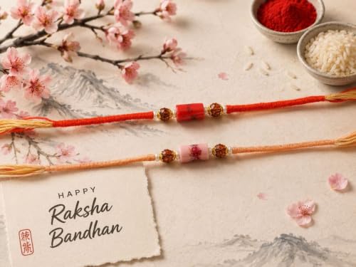 Image of Pack of 2 Japanese Design Rakhi for Bhai | Handmade Raksha Sutra Dhaga Bracelet | Stylish Designer Rakhi Set with Roli Chawal & Greeting Card