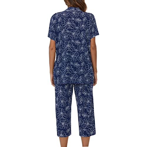 Image of Tugege Capri Pajamas Set Womens Button Down Short Sleeve Lounge Sets Sleepwear Notch Collar Top & Capri 2 Piece PJ Sets
