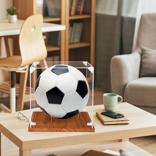 Image of Hooqict Soccer Ball Display Case Clear Acrylic 9 inch Full Size with Solid Wood Base UV Protected Soccer Ball Case Holder Display Stand Square Box for Sports Collections Autographed Ball Memorabilia Gifts