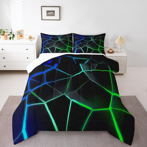 Image of Feelyou Geometric Honeycomb Comforter Set Green Blue Stereoscopic Hexagon Comforter for Kids Boys Girls Beehive Hexagon Bedding Set Geometric Duvet Set Room Decor Quilt King Size Boys
