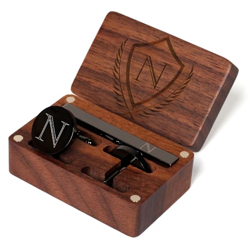 Image of Mens Initial Cufflinks and Tie Clip A-Z Alphabet Letter Black Stainless Cuff Links Tie Bar with Engraved Walnut Wood Box Groom Groomsman Wedding Set