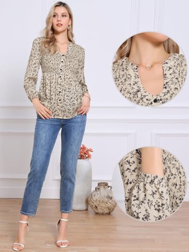 Allegra K Floral Blouse for Women 2025 V Neck Comfy Tee Long Sleeves Shirts Casual Smocked Tunic Tops2