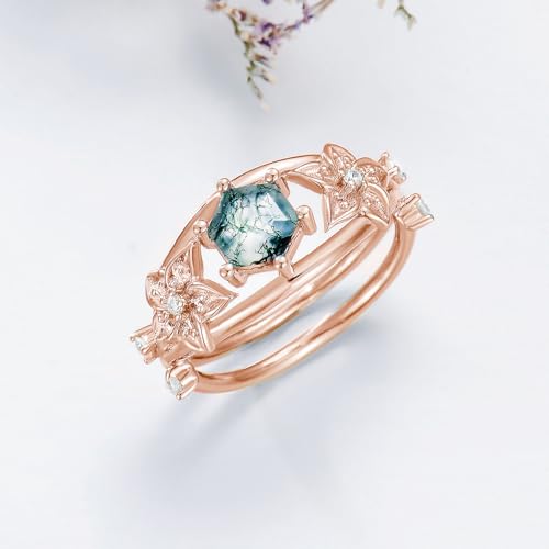 925 Sterling Silver Hexagonal Natural Moss Agate Engagement Ring for Women Stackable Promise Wedding Rings Flower Jewelry Set for Her Rose Gold Plated2