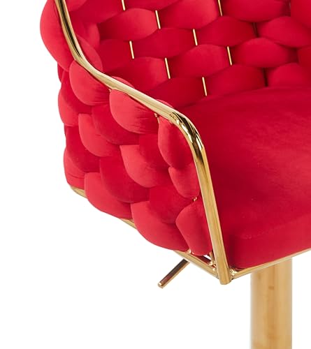 Image of Creative Upholstered Red Bar Stool with Golden Plated Base | Modern Counter Height Chair with Padded Seat, Swivel & Footrest (Pack of 1)
