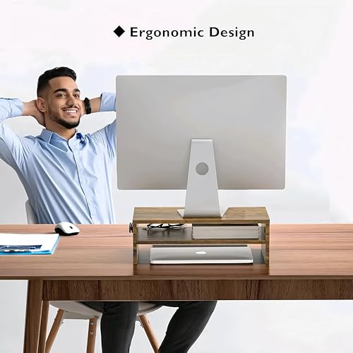 Image of OXMIC Wooden monitor /computer Stand Riser, computer /monitor stand for desk, monitor stand, monitor table, 40.6 x 20.3 x 15.2 cm, Desktop Organiser with Storage Shelf (RUSTIC BROWN)