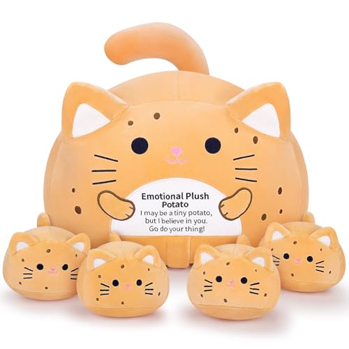 Auspicious beginning 5pcs Stuffed Cat Plush Emotional Support Stuffed Potato Plush Mommy with 4 Baby, Simulation Animal Large Mommy Plushies Cuddly Toy Large Hugging Pillow Soft Plushie Gift