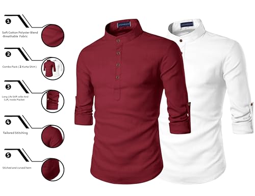 Image of Zombom Men's Combo Cotton Polyester Blend Solid Full Sleeve Straight Regular Fit Mandarin /Chinese Collor Kurta (Pack of 2)