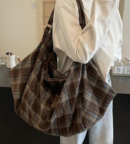 Large Canvas Tote Bag Plaid Shoulder Purse Work Travel Handbags and Purses Casual Underarm Hobo Bag Retro Handbag for Women2