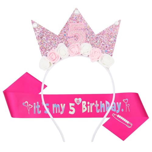 Casoty 5th Birthday Sash and Crown Set, 5th Birthday Decorations, 5th Birthday Tiara, Princess Birthday Party Decorations