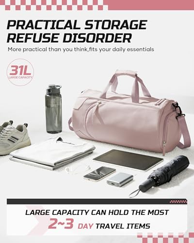 Image of Gym Bag for Women And Mens with Shoe Compartment, Large Duffle Bag with Wet Pocket Carry-on Gym Duffle Bag for Travel and Sports Weekender Overnight Workout Bag Pink Purple