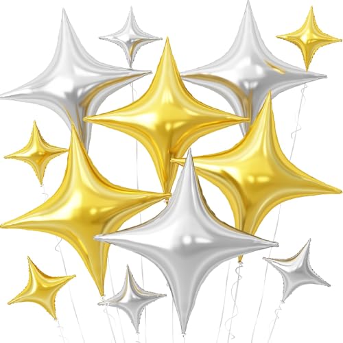 Image of Gold Silver Star Balloons,12Pcs Four Angle Star Foil Balloons | 26Inch and 10Inch Blue Gold Silver Quadrangle Star Helium Balloon for Birthday Graduations New Year Party Decorations
